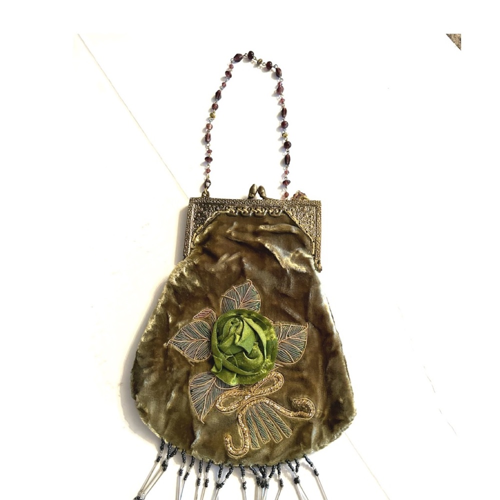 Vintage velvet handbag with beaded strap & fringe